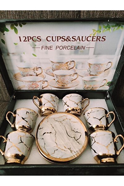 çaymekani 6 Kişilik 12 Parça Fincan Kahve Sunum Seti Altın Yaldızlı