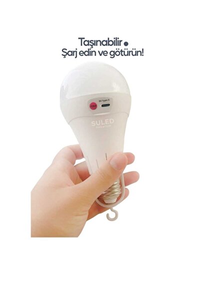 rikova Şarjlı Ampül 15W Beyaz Işık Tavan Kamp Işığı Acil Durum El Feneri Type-C 220V Şarjlı Beyaz E27 Duy