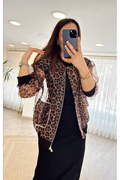 aytenli Zippered Front Organza Piping Detailed Flap Pocket Collar Sleeve Bottom Side Black Cuffed Chiffon Leopard Top