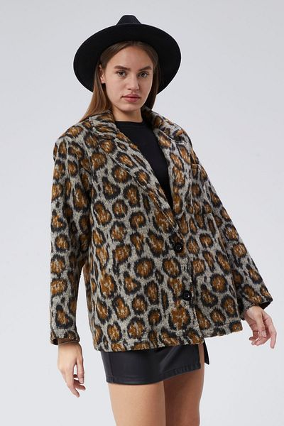 soBasic Leopard Patterned Pocket Detail Oversize Blazer Jacket-Std - Brown