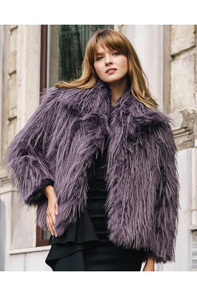 WoolnClyde Gray Shawl Collar Premium Imported Long Fur Coat - Soft Lined, Double Pocket, Snap Closure