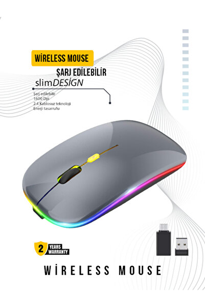 Kablosuz Mouse Wireless 4 Tuşlu Rgb Işıklı Sessiz Şarj Edilebilir