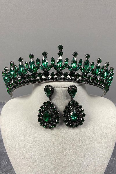 Hayalperest boncuk Green Color Petro Model Bridal Henna Crown and Shuttle Stone Earrings Set
