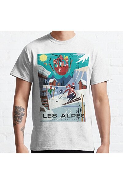ZOKAWEAR Tricou imprimat unisex cu afiș de schi Les Alpes, loose fit