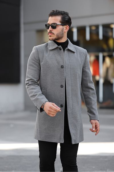 Jaglion Men's Relaxed Fit Windproof Buttoned Long Gray Stamp Coat