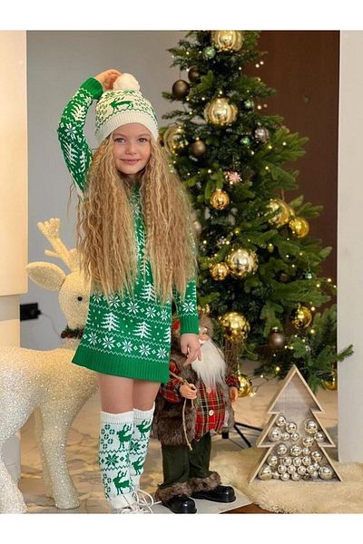 KOKOŞ BEBEK Knitwear Dress with Leggings Including Pompom Beret