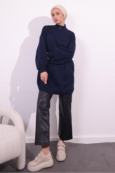 TRENDTESETTÜR Navy Blue Zippered Women's Knitwear Sweater - t 8609