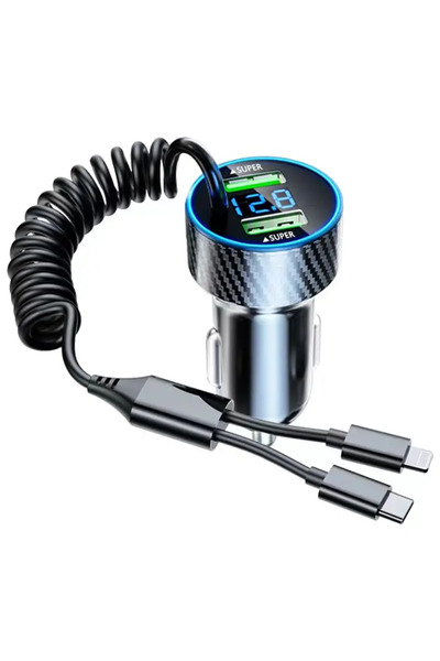 Choice شاحن سيارة أسود، محول شاحن هاتف سيارة USB مع كابل قابل للسحب، شاشة LED للجهد 4 في 1