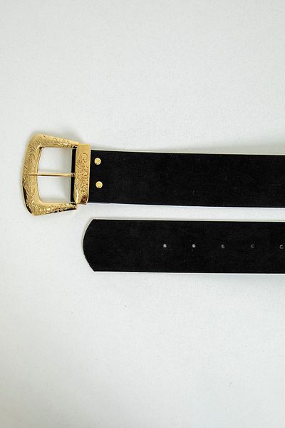 Cream Suede Women's Belt - Embroidered Detail, Black