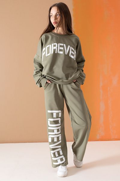 Cansın Mini Khaki Forever Text Printed Girl's Tracksuit Set 19569