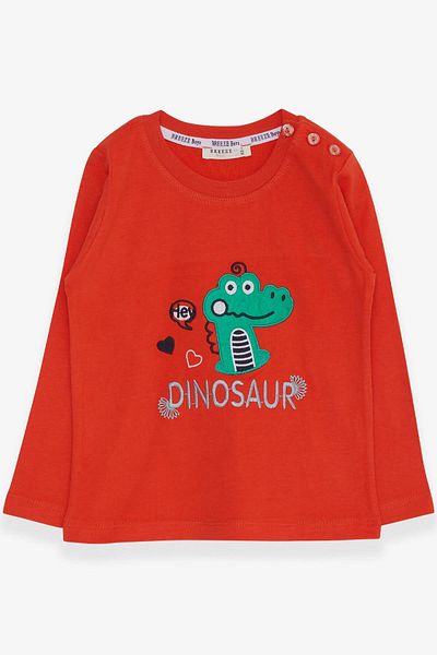 Breeze Baby Boy Long Sleeve T-Shirt with Dinosaur Embroidery 9 Months-3 Years, Orange