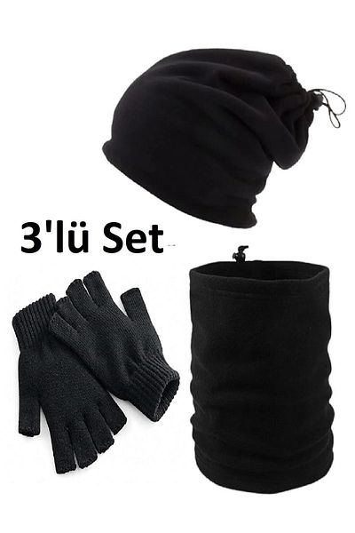 Eke Set of 3 Cold-Proof Thermal Fleece Neck Collar Beret and Knitted Cut-Off Gloves