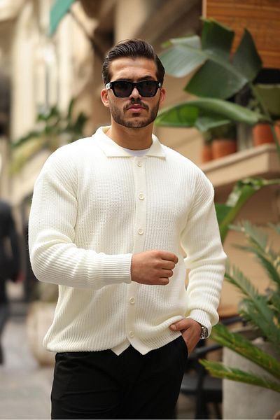 Valiberta Thessaloniki Knitted Men's Cardigan - Oversize, Buttoned, Ecru