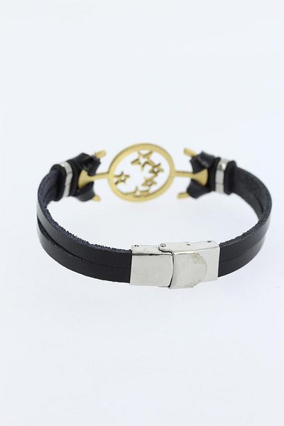 SeyCey.co Gold Color Star Figured Black Leather Men's Bracelet with Metal Accessories