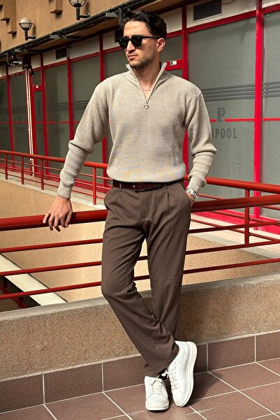 inpool Erkek, yarım fermuar, dik yaka, kışlık, triko örme, Old Money Culture, kazak PLTK06