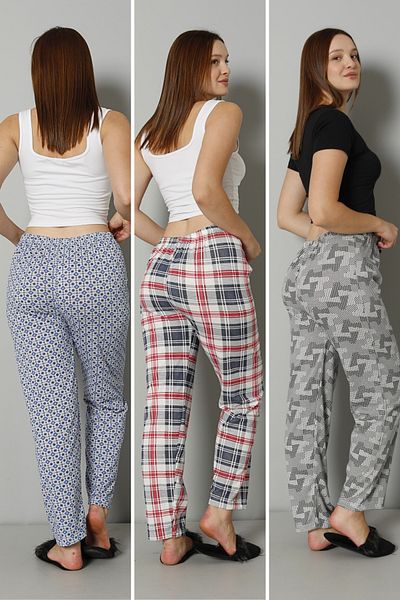 DONEX 3 bucăți din bumbac, țesătură subțire, respirabilă, panglică, detaliu în talie, imprimat, fără buzunar, pantaloni de pijama pentru femei