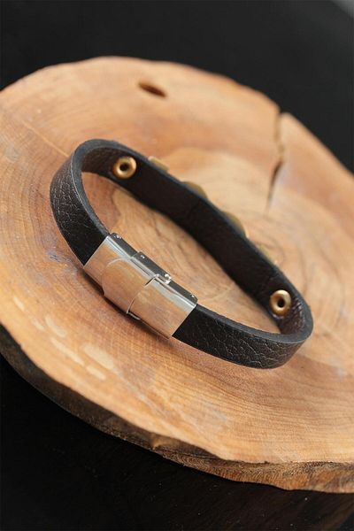 SeyCey.co Black Leather Men's Bracelet with Gold Color Infinity Metal Accessory