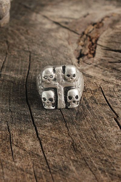 BESKAR Antique Silver Color Cross with Skull Embroidery Adjustable Men's Ring