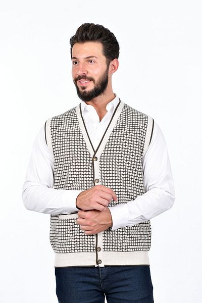 Kamalı Men's Steel Knit Buttoned Pocket Houndstooth Pattern Non-Pilling Knitwear Winter Sweater Vest