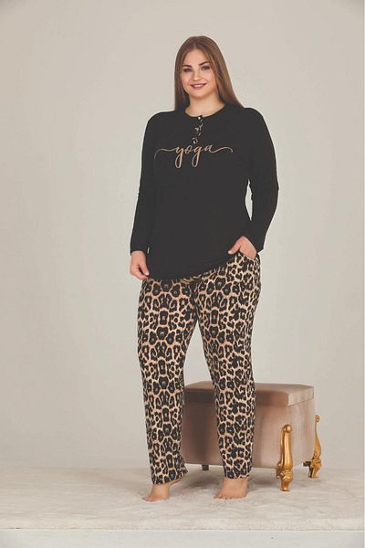 Lady Leopard Patterned Buttoned Plus Size Pajama Set