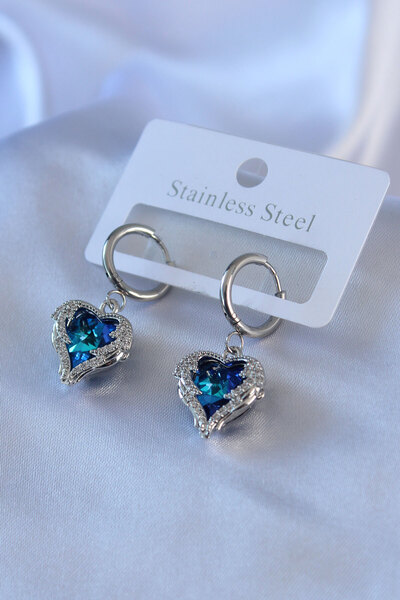 Clariss 316L Steel Silver Color Blue Crystal Stone Heart Model Zircon Stone W...