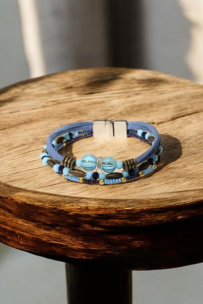 etniko Antique Metal and Blue Beaded Suede String Bracelet