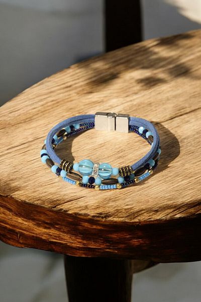 etniko Antique Metal and Blue Beaded Suede String Bracelet