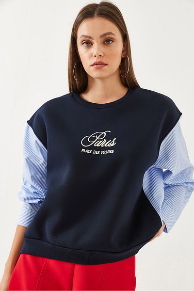 Bianco Lucci Vyšívaná dámská mikina Crew Neck – zdobený rukáv a 3vláknový rastr 60351001