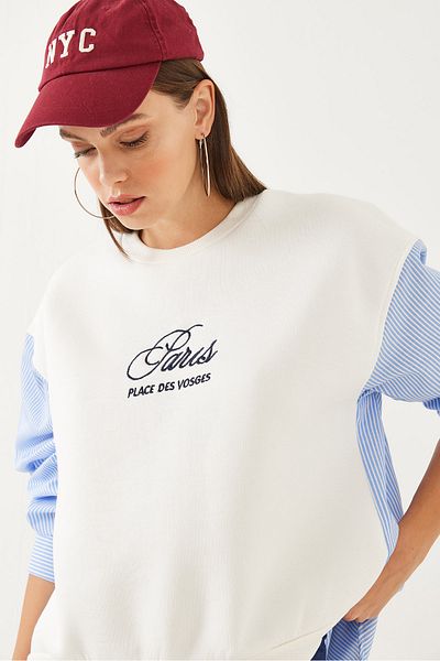 Bianco Lucci Vyšívaná dámská mikina Crew Neck – zdobený rukáv a 3vláknový rastr 60351001