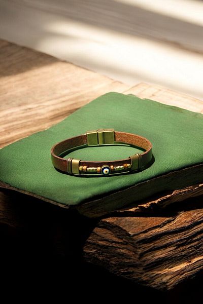 etniko Brown Leather Bracelet - Evil Eye Bead - Special Design