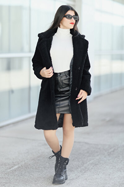 GİYSA Μαύρο βελούδινο παλτό - Διπλές τσέπες, γιακάς πουκαμίσου με κουμπώματα,...