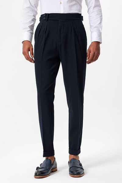 Antioch Navy Blue High Waist Pleated Textured Men's Trousers