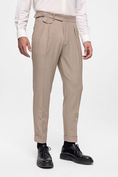 Antioch Beige High Waist (BOYFRİEND) Pleated Fabric Trousers with Buckle Belt