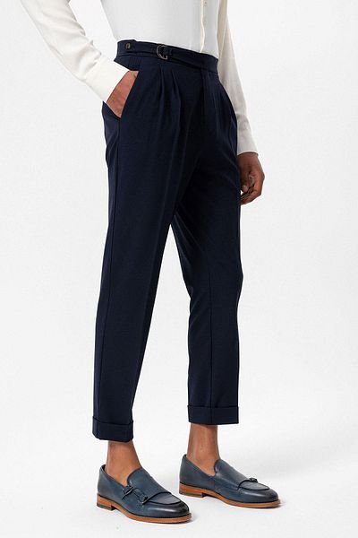 Antioch Dark Navy Blue High Waist Buckle Closure Pleated Men's Trousers