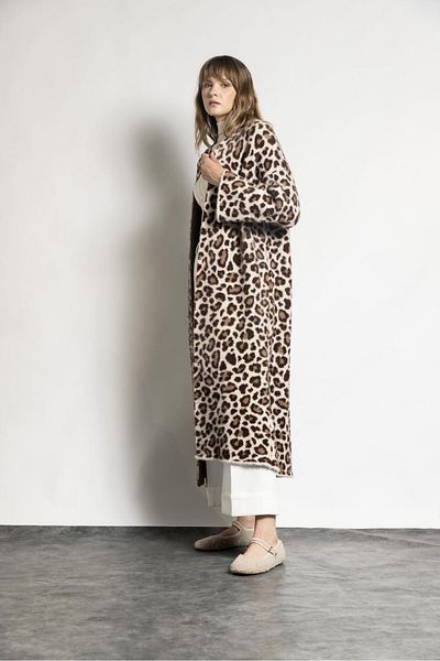 TENA Women's Stone Leopard Patterned Long Cardigan