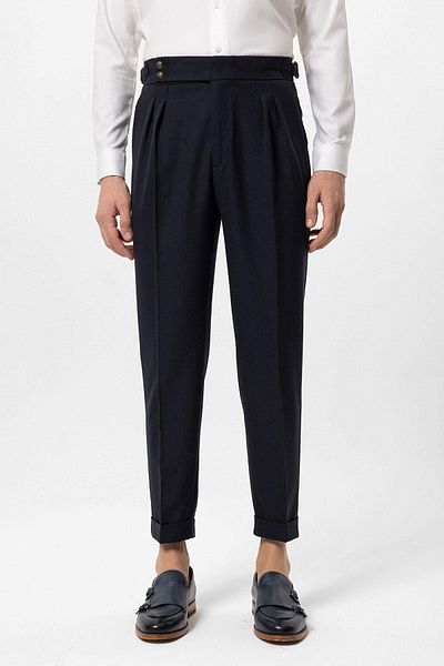 Antioch Navy Blue High Waist Side Buckle Pleated Fabric Trousers