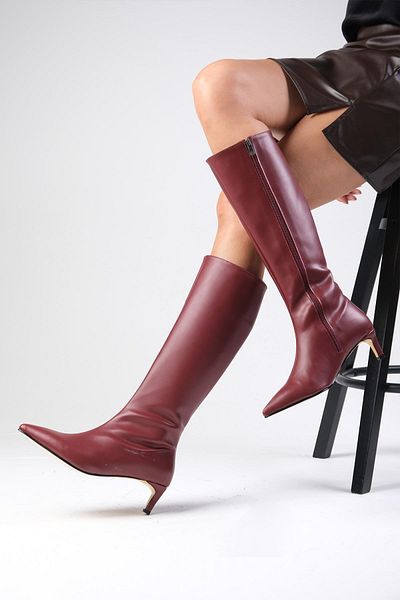 Mio Gusto Burgundy Color Zippered, Thin Faux Fur Lined Short Heeled Women's Boots