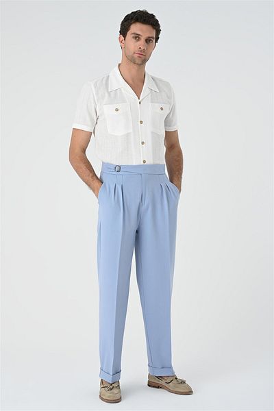 Antioch Light Blue Buckle Detailed Pleated High Waist Men's Trousers