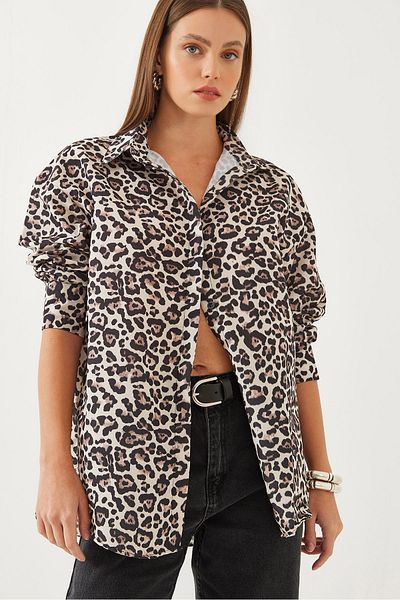 Bianco Lucci Жіночий леопардовий принт Oversize Basic Gomlek 60351003