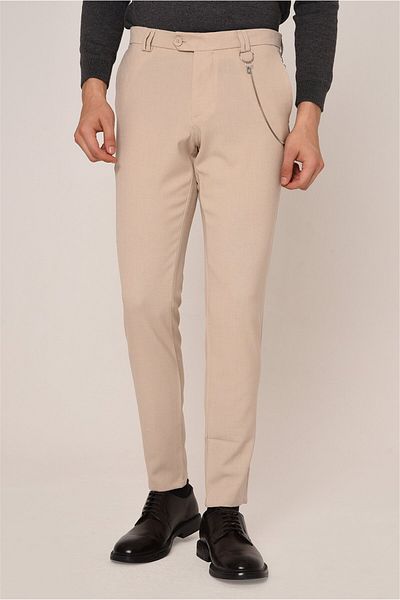 Antioch Beige Men's Slim Fit Straight Accessory Fabric Trousers