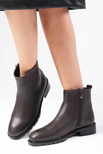 Mio Gusto Adelina Hakiki Deri Kahverengi Oval Burunlu Kadın Topuksuz Bot