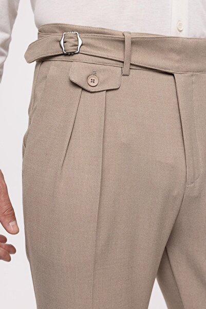 Antioch Beige High Waist (Boyfriend) Pleated Fabric Trousers with Buckle Belt