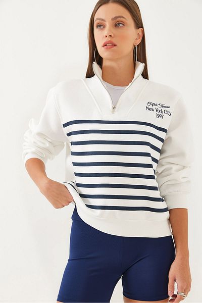 Bianco Lucci Gestreiftes Damen-Sweatshirt mit halbem Reißverschluss 60351005