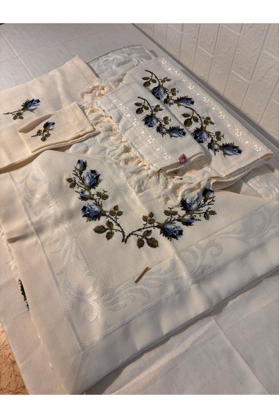 Vinezza Home Collection Dowry 6-Piece Flower Embroidered Etamine Processing Prayer Rug Set Bundle Set