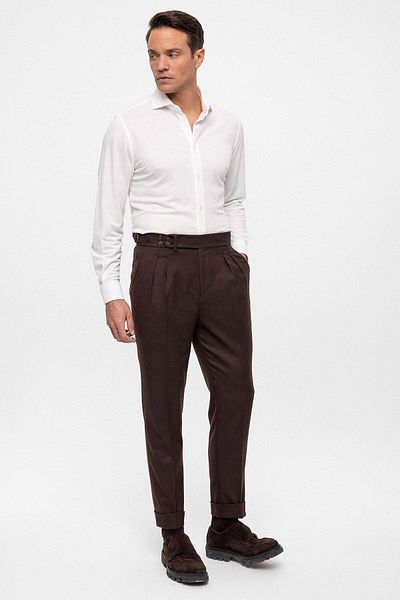 Antioch Brown Wool Look High Waist Pleated Men's Trousers