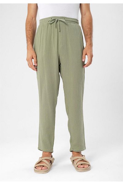 Antioch Light Khaki Stringed Waist High Waist Muslin Fabric Men's Trousers