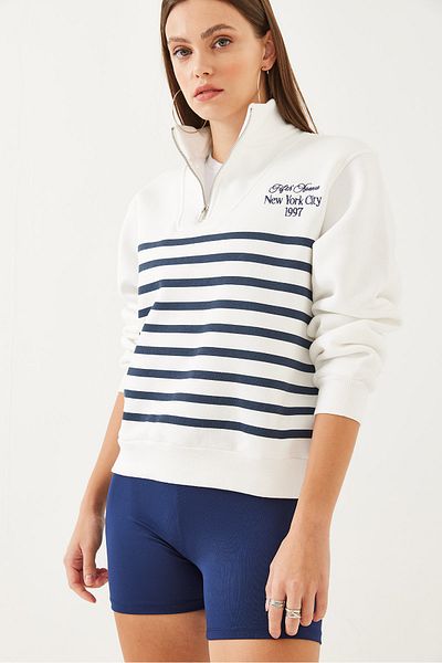 Bianco Lucci Gestreiftes Damen-Sweatshirt mit halbem Reißverschluss 60351005