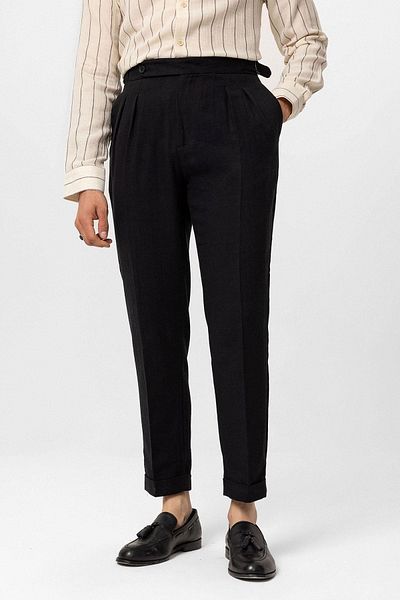 Antioch High Waist Linen Blended Black Men's Double Leg Trousers