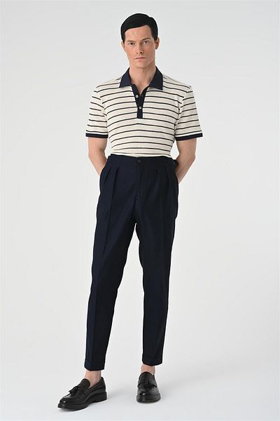 Antioch Dark Navy Blue High Waist Pleated Linen Men's Trousers