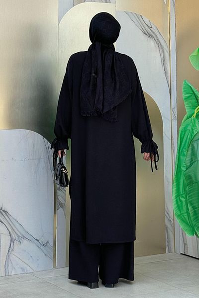 Bym Fashion Black Knitted Tunic and Trousers Set - Button Detailed 6020
